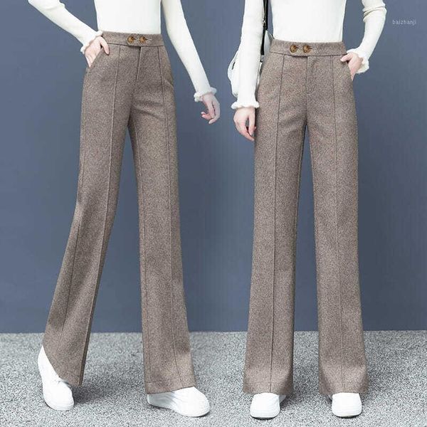 

2021 women autumn winter woolen knitted trousers female button casual straight pant lady solid loose plus size wide leg pant h681, Black;white
