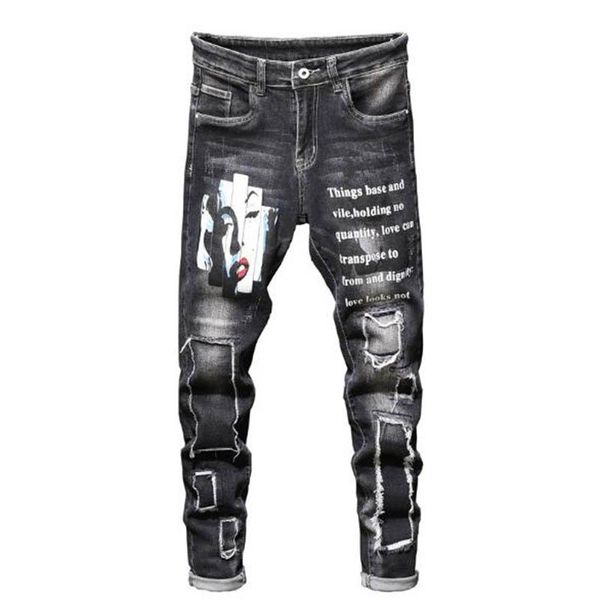 

men's jeans 2021 autumn and winter trend high street patch embroidery beggar pants handsome casual stretch slim-fit denim, Blue