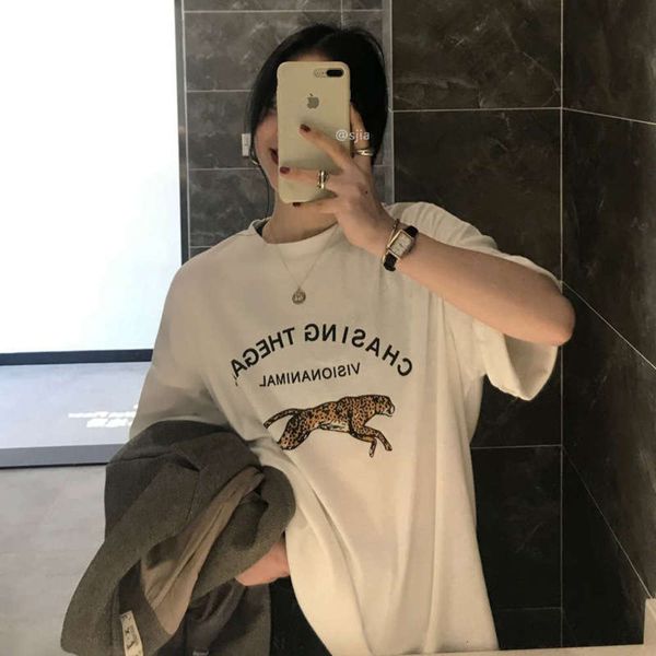 

alphabet han chic loose print leopard matte thickened t-shirt for women, Black;gray