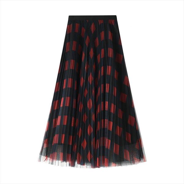 

color yarn grid subnet skirts gitl long sections pleated skirt veil 8329 drop shipping good quality, Black