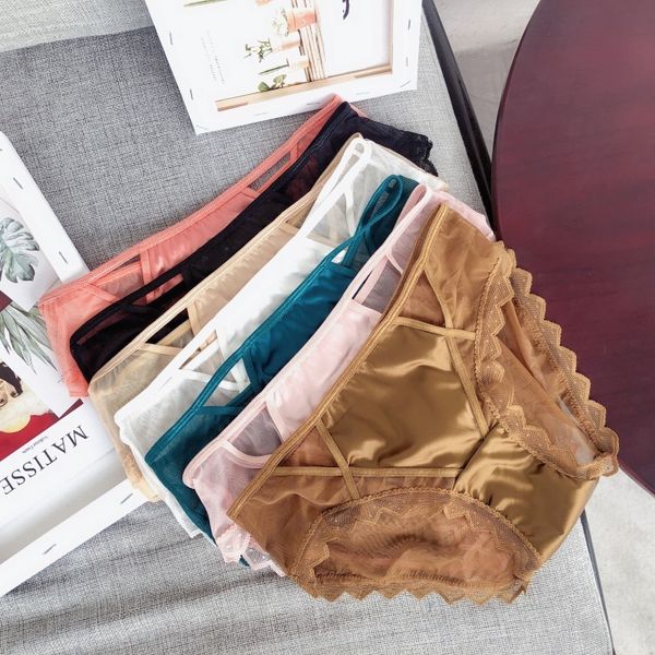 

ice lace mesh women's large size underwear with low waist and hollow out cotton crotch triangle, Black;pink