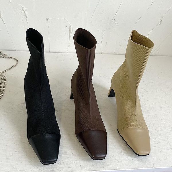 

ins winter luxury women block heels sock boots high heels knitting stretch boots designer yarn elastic ankle party shoes1, Black
