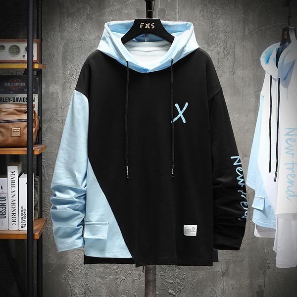

hoodie men pullover men's colorblocked quality fashion sweatshirts mens patchwork plus size 6xl 7xl kg-569, Black