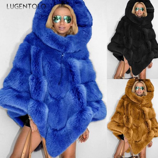 

lugentolo faux fur women jacket warm winter solid hooded long sleeve loose coat temperament elegant plus size woman coats1, Black