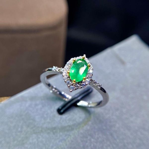 

cluster rings shilovem 925 sterling silver real natural emerald classic fine jewelry wedding wholesale gift 4*6mm jcj0406892agml, Golden;silver