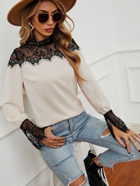 

eyelash lace panel blouse h4nt#, White