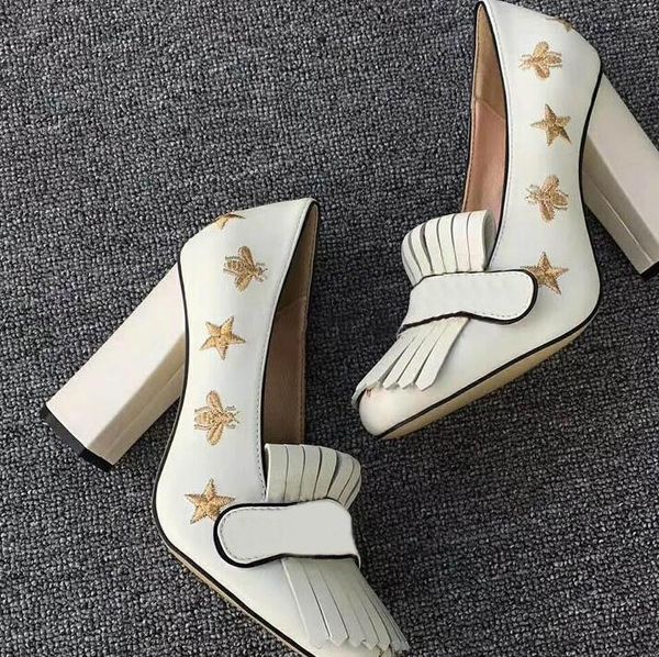 

high heels pump embroidered designer marmont leather bee and star fringe pumps double tone hardware toe pumps chunky heel 5cm 10cm, Black
