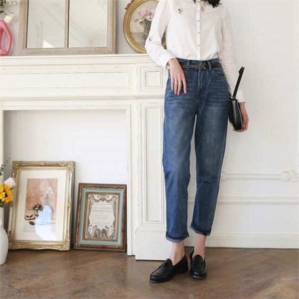 

women jeans asymmetrically cut vintage straight nine-point jeans woman jeans pants 1017, Blue