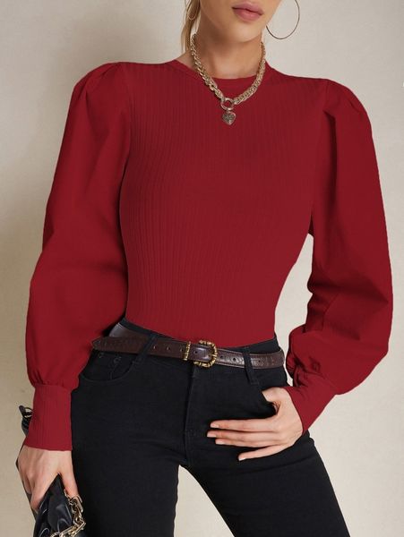 

puff sleeve ribbed knit w5jl#, White