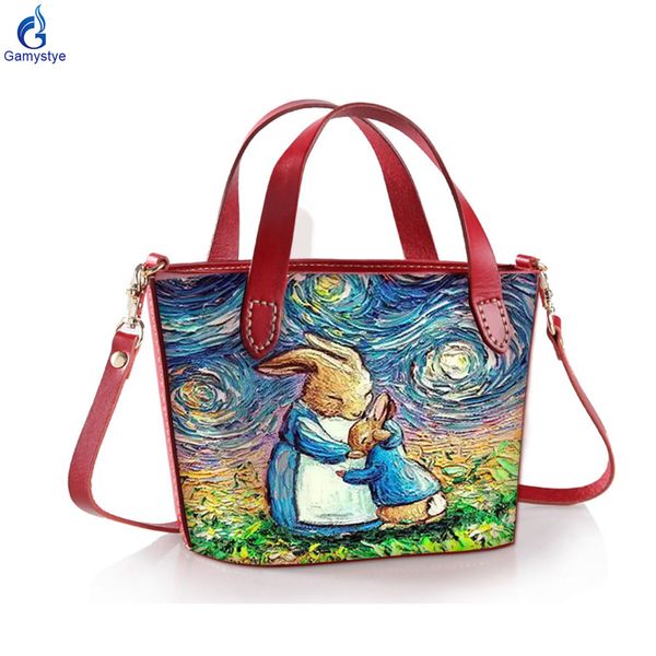 

2020 new bag real leather oil painted original design van gogh rabbit women messenger crossbody bag women genuine leather bolsa