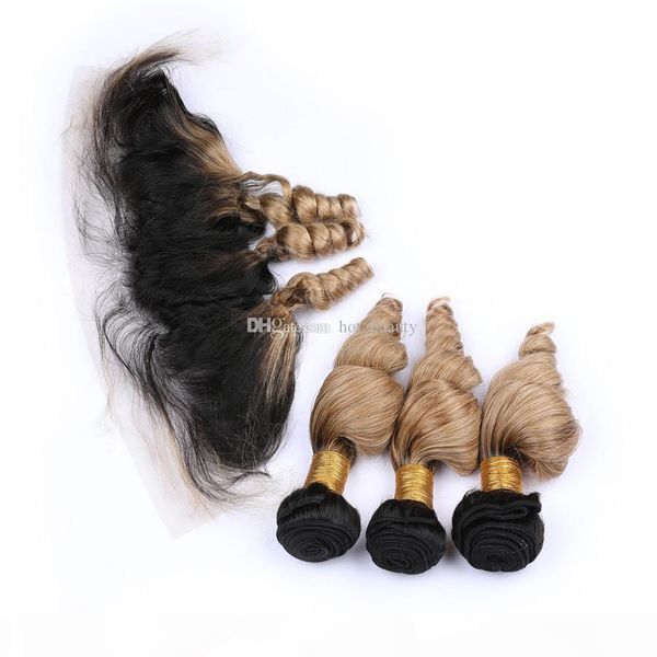 

new arrive loose wave human hair bundles with lace frontals two tone 1b 27# honey blonde virgin hair extensions with full frontals, Black