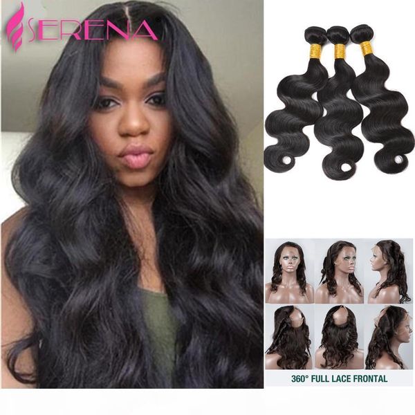 

7a 22*4*2 360 lace frontal band with bundles mink brazillian body wave with closure water wave with 3 closure and bundles wavy, Black;brown