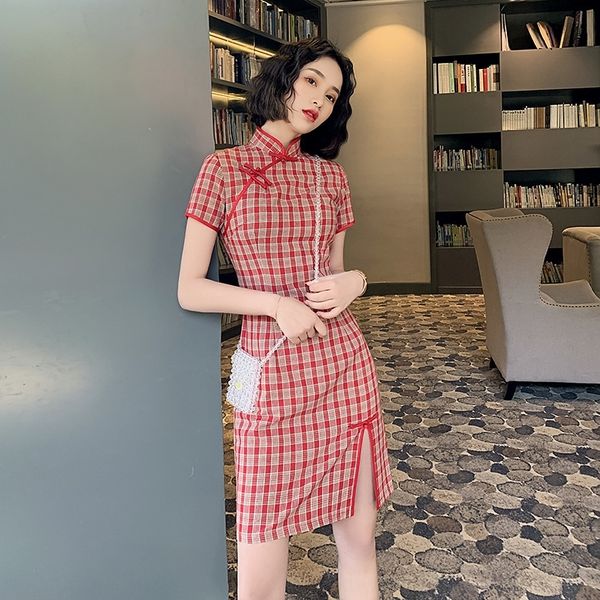 

4lyzq red cheongsam for young girls modern fashion plaid improved slim summer student daily fit cheongsam dress dresstb7oh, Black;gray