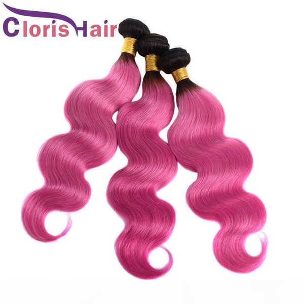 

body wave ombre hair weaves 1b pink raw indian virgin human hair bundles two tone rose pink wavy ombre hair extensions 3pcs, Black