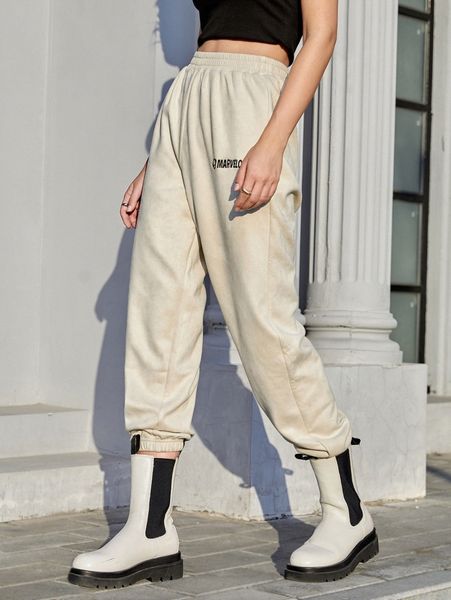 

elastic waist letter embroidery suede pants b00s#, Black;white