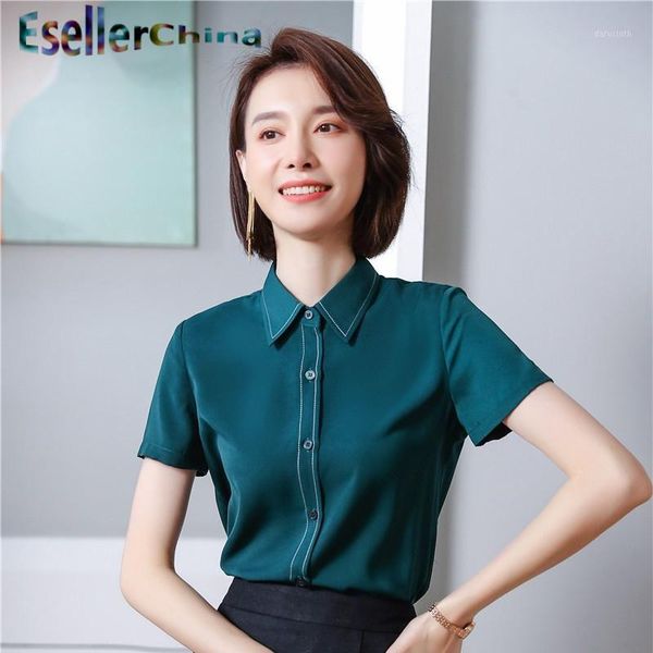 

ladies office work wear blouses shirts 2020 summer short sleeve styles blouse business work wear female blackish green1, White