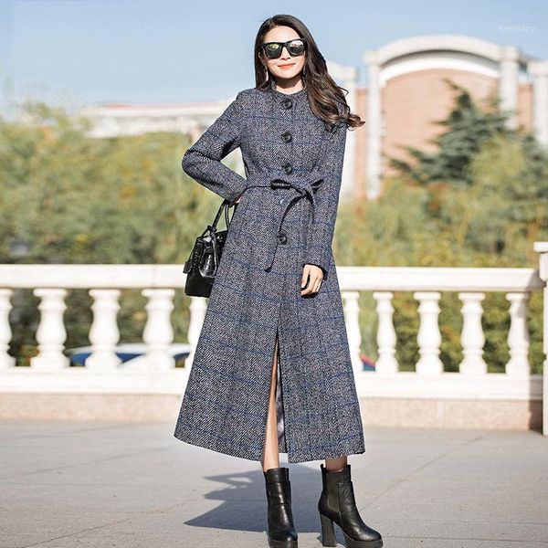 

autumn winter cashmere trench jacket women casual woolen plaid coat thickness warm button pocket jacket female plus size outwear1, Black