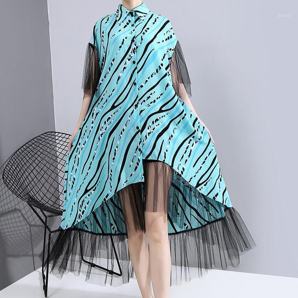 

womengaga 2020 summer new dress wesh casual loose large size print patchwork single breasted a-line asymmetry streetwear a2591, Black;gray