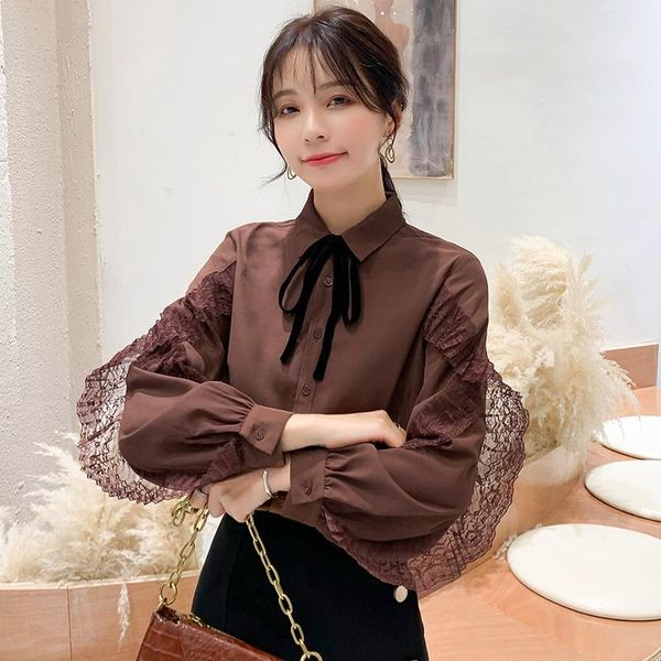 

autumn new ruffles chiffon blouses fashion korea bow solid women blouse vintage office shirts ladies blusas mujer1, White
