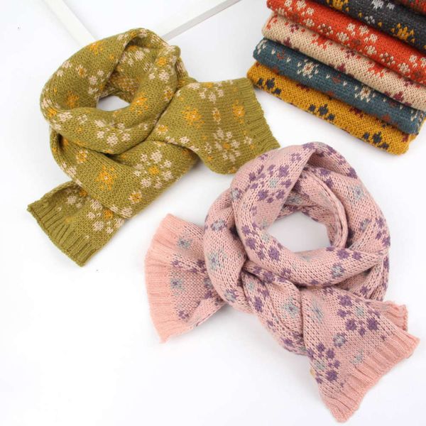 

boys 2020 floral winter scarf new children's woolen and girls personalized warm knitting jacquard neck, Red;brown