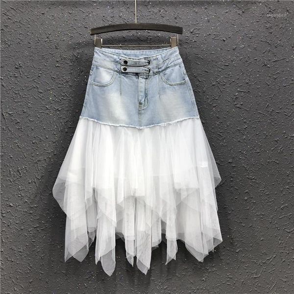 

korean woman summer cothes , womens high waisted mesh patchwork irregular denim skirt , ladies woman ruffles jeans skirts1, Black