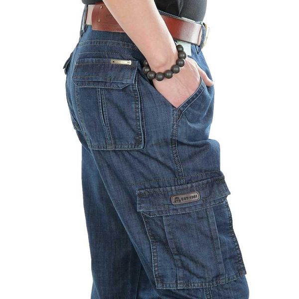 

spring summer jeans brand cargo pants with big pocket men denim pants casual straight loose baggy trousers male hip hop joggers, Blue