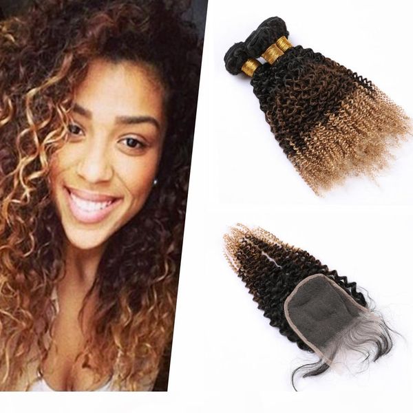 

3 tone ombre hair bundles with lace closure russian hair dark root 4" * 4" kinky curly ombre ear to ear closure with bundles, Black;brown