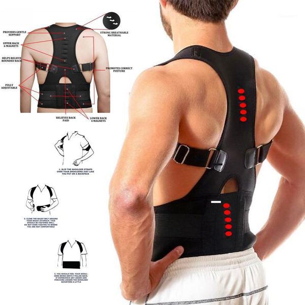 

back support magnetic therapy scoliosis posture corrector lumbar spine belt round shoulder brace deluxe1, Black;blue