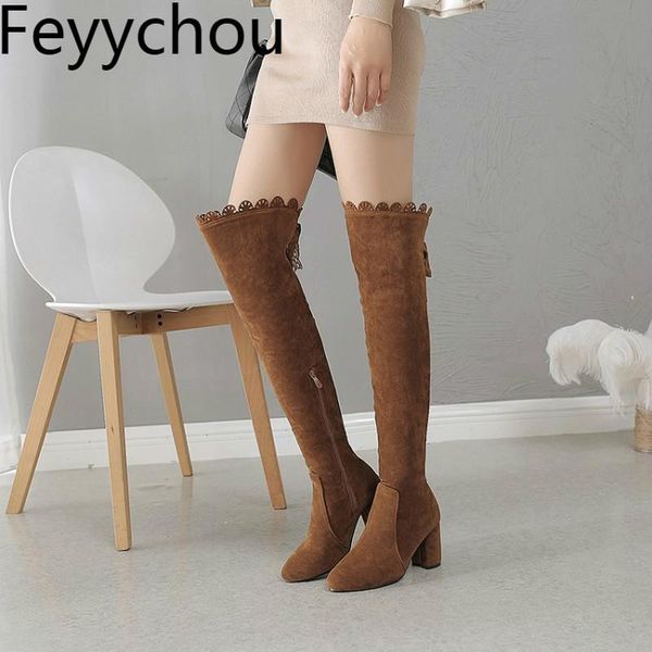 

boots women autumn winter warm over the knee round toe high heel zip ruffles 2021 fashion flock black