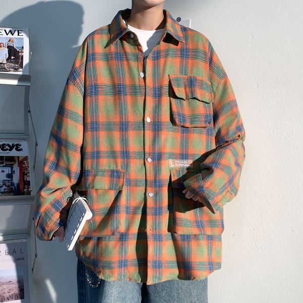 

2021 new privathinker 2021 men's casual plaid shirt japanese style woman oversize shirts korean streetwear man clothing vintage wboy, White;black