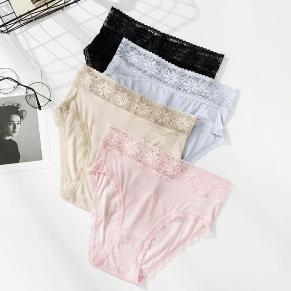 

4 pack women's 100% real silk midde rise lace waist panties briefs underwear lingerie size  l xl 1033, Black;pink