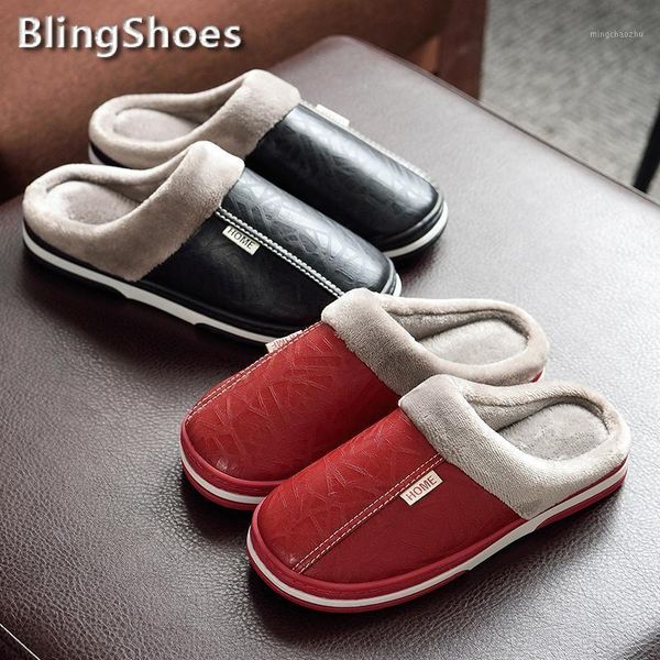 

slippers 2021 winter women pu leather warm fur waterproof indoor slipper male couple fluffy plus sizes platform home shoes1, Black