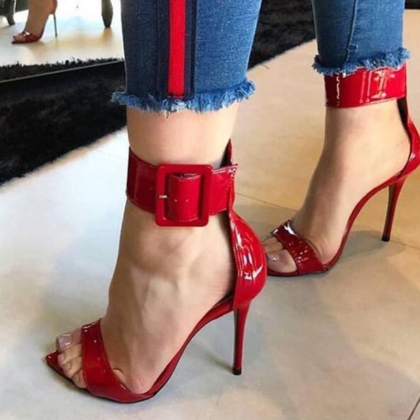 

pzilae 2020 fashion women sandals red patent leather high heel sandals women open toe ankle buckle strap ladies party shoes, Black