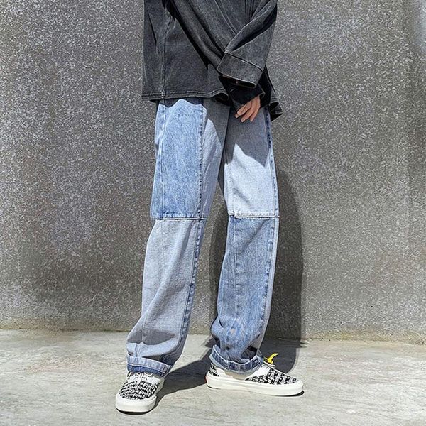 

3xl plus size washed vintage mens wide leg jeans streetwear casual straight style long denim jean homme patchwork kg-773, Blue