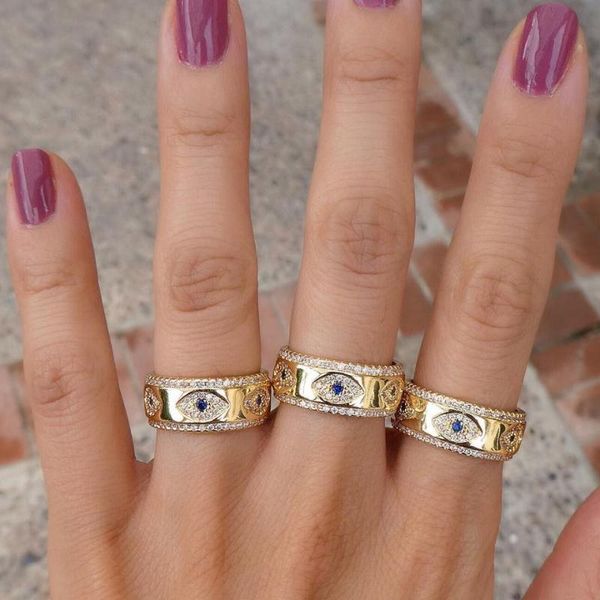 

cluster rings engraved cz evil eye gold wide engagement band for lady women party gift finger jewelry classic 2021 summer lucky ring, Golden;silver