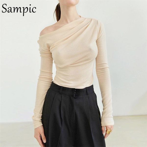 

women's t-shirt sampic 2021 fashion autumn spring women black ruched off shoulder slim t shrit casual basic crop long sleeve tees, White