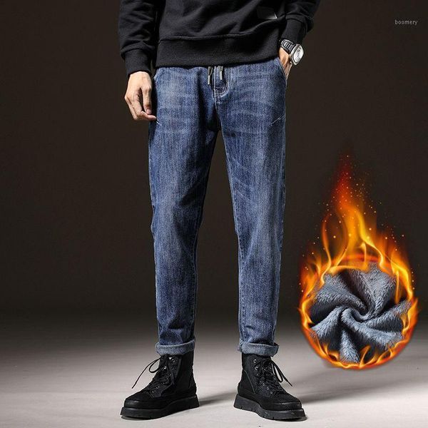 

winter new men's warm slim loose jeans fashion thicken leisure trousers black blue straight trousers1