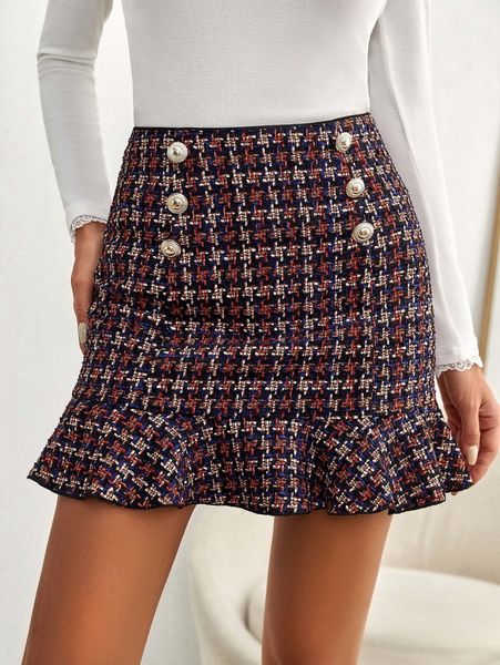 

high waist houndstooth fake button ruffle hem tweed skirt t5t7#, Black