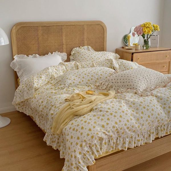 

twin  king size 100% cotton breathable soft skin-friendly bedding set yellow floral ruffles ball girls duvet cover sheet