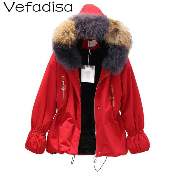 

vefadisa short thick fur collar parka 2021 loose coat woman winter drawstring waist solid back short cotton-padded jacket qyf970, Black