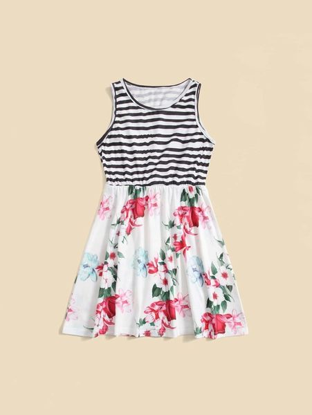 

toddler girls 1pc striped & floral print dress she, Red;yellow