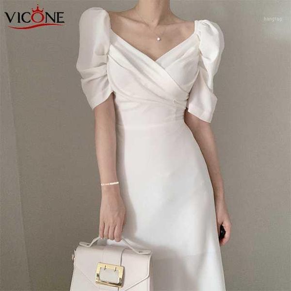 

vicone korean chic french elegant slim v-neck cross careful machine waist hugging puff sleeve chiffon dress women1, Black;gray