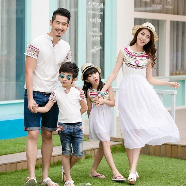 

ethnic style family vacations summer matching outfit totem mother daughter chiffon dress dad son short sleeve v neck t-shirt, Blue