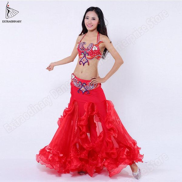 

women bellydance oriental dance costumes bra belt skirt set bead performance carnival clothes wear eastern hip scarf1, Black;red