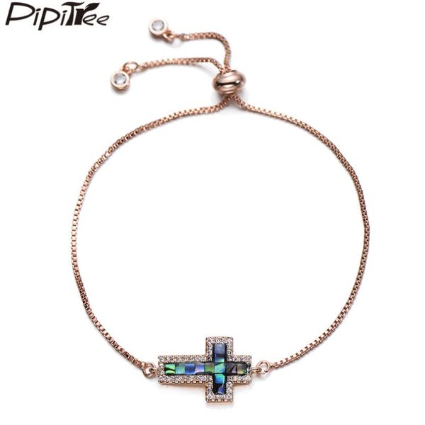 

charm bracelets pipitree luxury natural abalone shell cross bracelet for women men copper rose gold color cz zircon chain jewelry, Golden;silver
