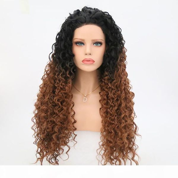 

ombre lace front wig synthetic curly heat resistant fiber hair two tone color glueless synthetic wigs for black women, Black;brown