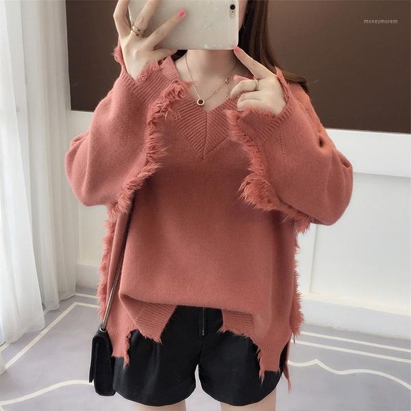 

knit women long sleeve knit sweater womens winter and autumn thicken sweaters v-neck pullover broken hole tassel coat1, White;black