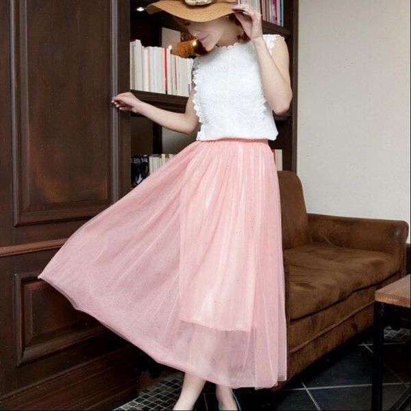 

2021 pleated long skirt women summer elastic band high waist mesh hollow out purple skirt maxi office skirt, Black