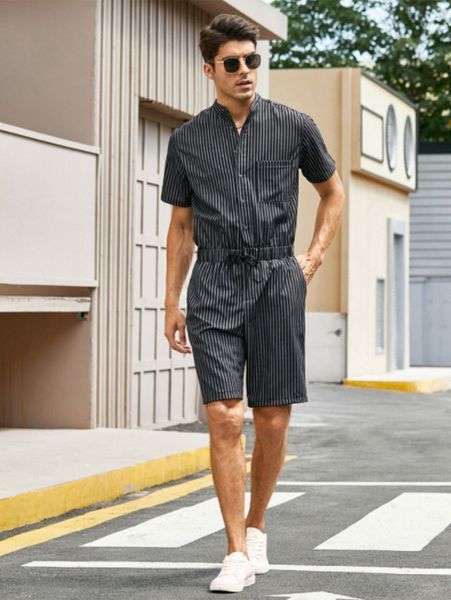 

men striped patched pocket drawstring waist romper u9jd#, Gray