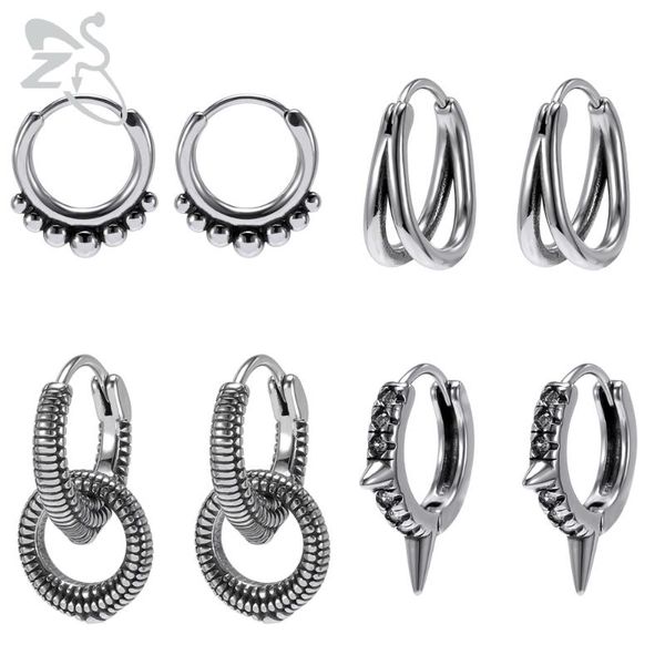 

ZS Silver Color Stainless Steel Round Earrings Circle Earrings for Men Ethnic Small Punk Hoop Earring Accessories, Golden;silver